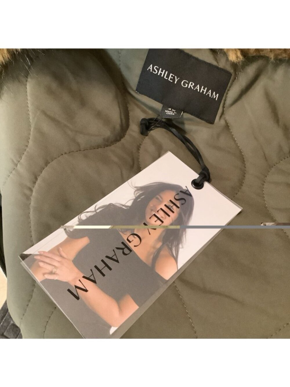 Ashley Graham 4X Olive Green Faux Leather Bomber Jacket W/ Brown Faux-Fur Hood - Picture 8 of 9